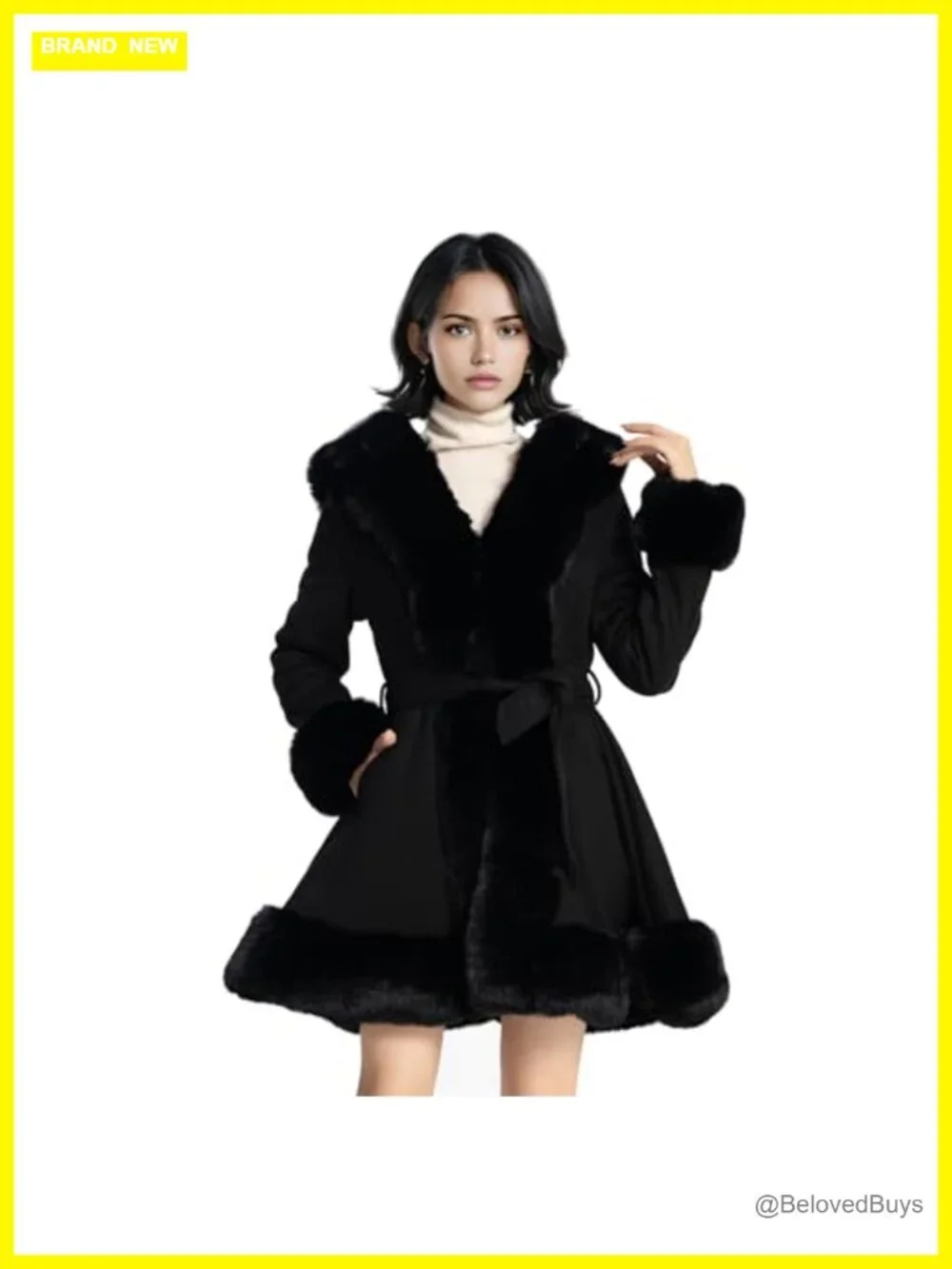 Faux Fur Leather Peplum Parka Coat with Belt for Women, Winter Long Sleeve,